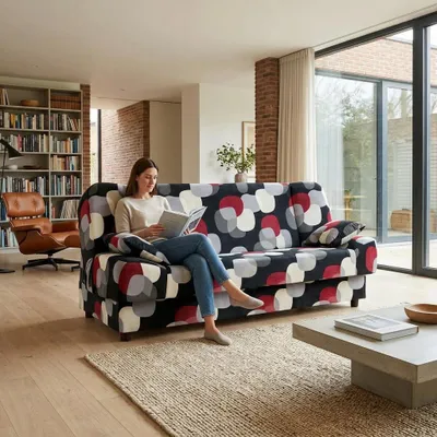 Produktbild von Schlafsofa SARA Design – mit Schlaffunktion und Bettkasten, Webstoff in Schwarz, Family Meble, KI-generiertes Bild