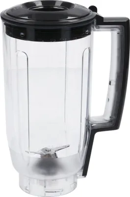 A clear plastic blender jug with a black lid and handle, containing a small amount of liquid and a blade assembly.