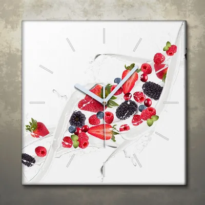Produktbild von Wohnzimmer Leinwand Uhr Geräuschlos Küche 30x30 Früchte, Spritzen, Motive, weiße Zeiger