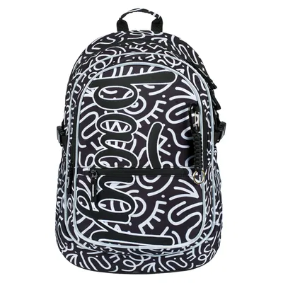 A black and white patterned backpack.
