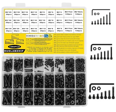 Produktbild von 1260-teiliges Sortiment an Schrauben (M2, M3 und M4), Innensechskantschrauben, Muttern und Unterlegscheiben aus schwarzem Kohlenstoffstahl für Heimwerker-, Möbel- und Autoreparaturen.