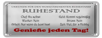 Produktbild von Blechschild Spruch 27x10 cm Urkunde wohlverdienter Ruhestand Schild