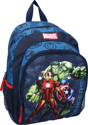 A blue Marvel Avengers backpack with characters printed on the front.