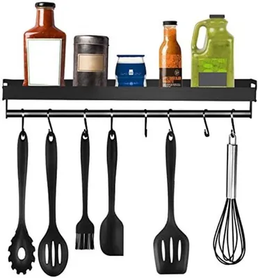 Produktbild von PolkaHome® Küchenregal, wandmontierter Halter ohne Bohren, 8 abnehmbare Haken, 40 x 13 x 3 cm, Schwarz