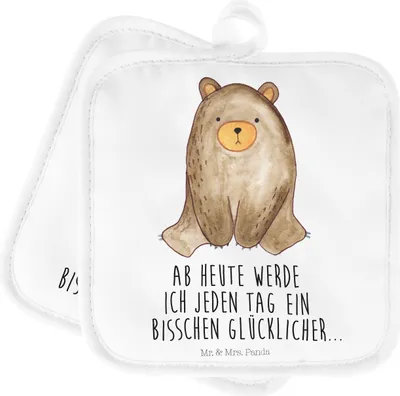 Produktbild von Mr. & Mrs. Panda Topfuntersetzer Bär sitzend - Weiß - Geschenk, Kochlappen, topfhalter, Teddy, Topflappen, Set, Ofenlappen