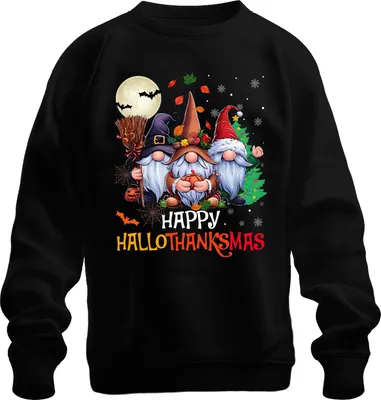 Produktbild von Happy Hallothanksmas Gnom Halloween Erntedank Weihnachten Vintage Uni Sweatshirt Pullover, Schwarz, XL