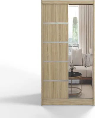 Produktbild von ML Furniture D3 Schiebetüren Kleiderschrank 100 cm mit Spiegel - Schlafzimmermöbel, Aufbewahrung - Mehrzweckschrank - Farbe: Sonoma