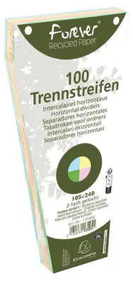 Produktbild von Packung mit 100 Trennstreifen gelocht trapezförmig aus Recycling Karton 190g Forever, 105x142mm Farben sortiert