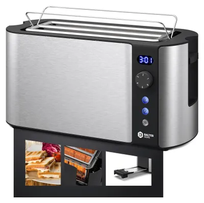 Produktbild von Balter Toaster 4 Scheiben, Edelstahl, Langschlitztoaster mit Brötchenaufsatz, 1500W, LCD Display, Defrost-/Aufwärmfunktion, Krümelschublade, Silber
