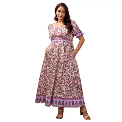 Produktbild von Plus Size Damen Midi Kleid mit Blumenprint, A-Linie mit kurzen Ärmeln und Taschen, Größe 58