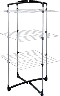 A three-tiered drying rack for laundry.