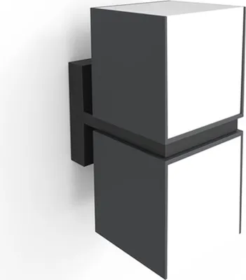 A modern, cube-shaped outdoor wall light with two light sources, mounted on a wall.