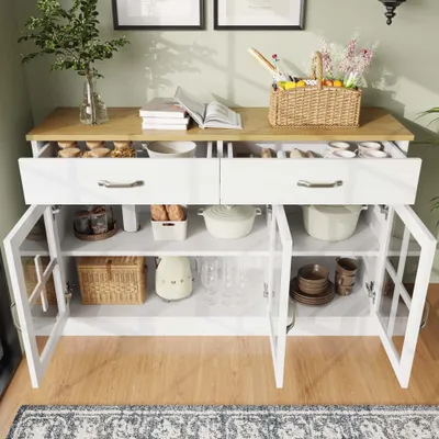 Obrázek produktu pro Komoda AIORBER, design prosklené skříňky, dvě zásuvky, velký úložný prostor, ochrana proti převrácení, do kuchyně, jídelny a obývacího pokoje, 120 x 40 x 84 cm, bílá