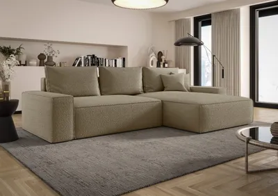 Produktbild von Ecksofa Schlafsofa Sofa WALKEN Stoff Quelle Dunkelbeige Ottomane Rechts