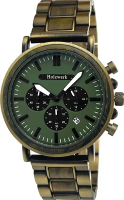 Produktbild von Holzwerk GIESINGEN Herren Edelstahl & Holz Uhr Chronograph mit Datum, gold, grün