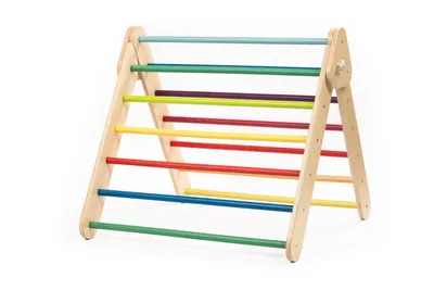 A wooden climbing triangle with colorful rungs, presented against a white background.