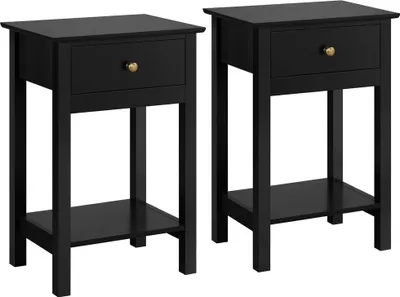 Produktbild von Yaheetech, Nachttisch, Schwarz, 40 cm L × 30 cm B × 61 cm H, 2 Stück, mit Schublade und Ablage, MDF E1, 30 kg belastbar, für kleine Räume