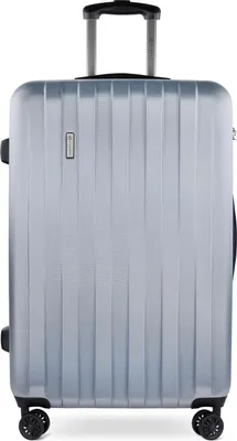 A silver-grey hard case trolley suitcase is shown from the front.