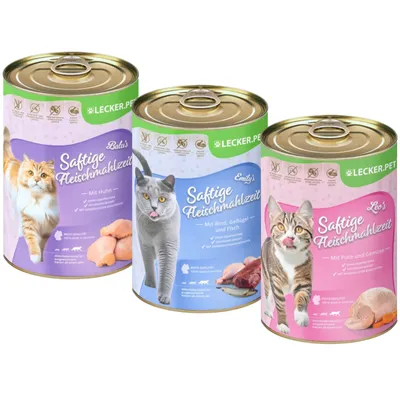 Produktbild von 18 x 400 g Lecker.Pet® Balu's, Emily's & Leo's Saftige Fleischmahlzeit Katzenfutter Nassfutter Mix Vollnahrung - je Sorte 6 Dosen
