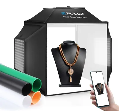 Zdjęcie produktu dla Lightbox pudełko fotograficzne - 40 x 40 cm - Oświetlenie 5500 K - 4 tła - Fotografia produktowa