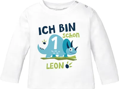 Produktbild von Baby Langarm-Shirt mit Namen und Zahl 1 / 2 Geschenk zum Geburtstag Dinosaurier Dino für Jungen SpecialMe® 1 Jahr weiß 56/62 (1-3 Monate)