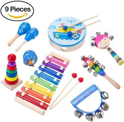 Produktbild von 9 kusů hudebních nástrojů Sada hudebních nástrojů, hračky ze dřeva Percussion Drums Percussion Rhythm Band Tools pro děti a miminka