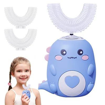 Produktbild von Elektrische Kinderzahnbürste 2–6 Jahre,360° U-förmiger Bürstenkopf, Dinosaurier-Design, IPX7 wasserdicht, 60-Sekunden-Timer, 2 Geschwindigkeiten