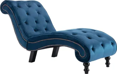 A blue velvet chaise lounge on a white background.