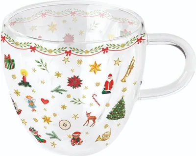 Image de Noël Gobelet en verre à double paroi 9,5 cm x Ø 10 cm Ornaments all over red Symboles de Noël Contenu 0,2 litre
