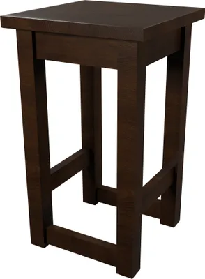 A dark brown wooden stool on a white background.