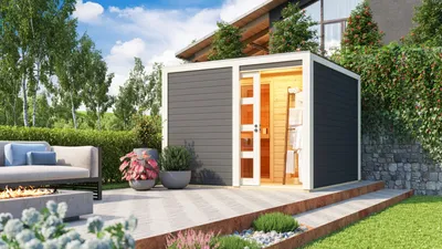 Produktbild von Karibu Saunahaus Außensauna Gartensauna Cuben terragrau lackiert ohne Zubehör 38mm Massivholz 276x276x210 cm