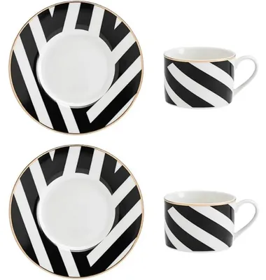 Zdjęcie produktu dla Zestaw porcelanowych filiżanek do herbaty i spodków Mikasa Luxe Deco, 2x filiżanki do herbaty i spodki w geometryczne wzory, filiżanki 200 ml - w pudełku, na prezent, można myć w zmywarce