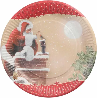 Productafbeelding van 200 papieren borden, diameter 23 cm, met een afbeelding van de kerstman op een schoorsteen