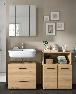 Produktbild von Badmöbel-Set 3-teilig in Eiche, inkl. Spiegelschrank - IGGESUND-158