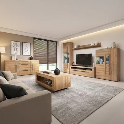 Produktbild von Wohnzimmer Set in Eiche mit Wohnwand & Couchtisch inkl. Beleuchtung, 6-teilig - TURDA-83