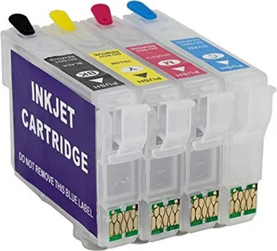 Four inkjet cartridges lined up, with labels indicating color and instructions.