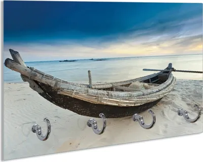 Produktbild von Wallario Schlüsselbrett aus Glas, Motiv: Fischerboot am Strand mit Sonnenuntergang, 30 x 20 cm mit 4 Haken