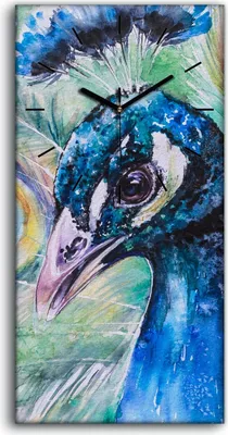 Produktbild von Wanduhr Bürouhr Leinwand Bild Geräuschlos 30x60 Ölgemälde Tier Vogel Pfau - schwarze Hände