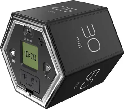 A black hexagonal timer with a digital display and various time settings marked on its faces, set against a white background.