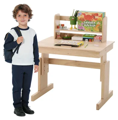Image de Bureau pour enfant en bois massif, réglable en hauteur, plateau rabattable, serre-livres, couleur naturelle, idéal à partir de 6 ans