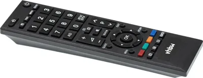 A black remote control is shown from a diagonal angle against a white background.