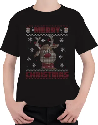 Produktbild von Merry Christmas Ugly Sweater Rentier Weihnachtsgeschenk Uni Kinder T-Shirt, Schwarz, 140