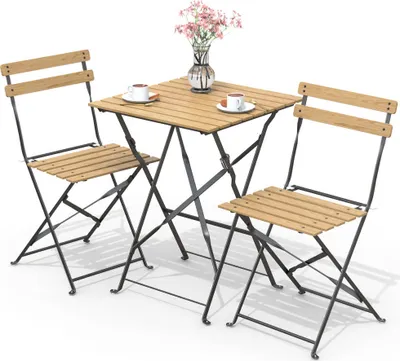 Produktbild von VOUNOT® Metall Bistroset 3-teilig, klappbarer Bistrotisch mit 2 Stühlen, Holz