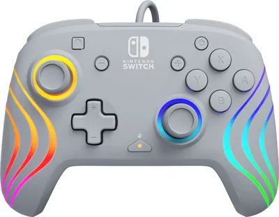 A gray Nintendo Switch controller with colorful LED accents.