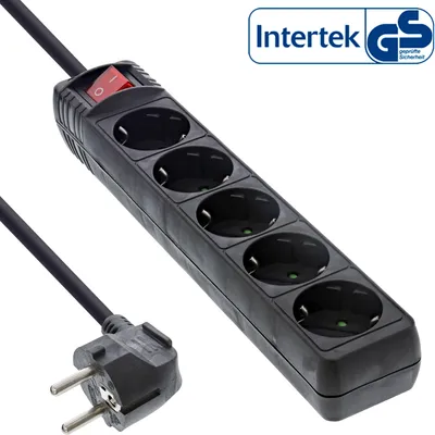 Produktbild von InLine Steckdosenleiste, 5-fach Schutzkontakt, schwarz, 1,5m, 1,5 m, Drinnen, Typ F, Abgewinkelt, 1,5 mm², Schwarz