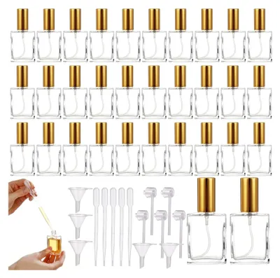 Produktbild von 32 Glas-Parfüm-Sprühflaschen mit 15 Dosierwerkzeugen, 15 ml nachfüllbare Mini-Zerstäuberflasche, Reisegröße, 3,6 x 7,9 cm