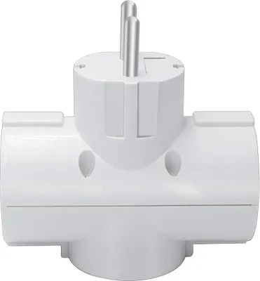 Produktbild von 1 Stück dreiseitiger Steckdosenadapter aus hochwertigem, flammhemmendem PC-Kunststoff mit zylindrischem Würfel-Design und strahlendem Weiß. Bietet drei unabhängige Schutzkontakt-Steckdosen (Typ F) an einem kompakten Gerät – ideal für Zuhause, Büro und Reisen. Dank integrierter Kindersicherung, Überlastschutz und stabiler 230-V-Verbindung arbeitet er sicher und zuverlässig. Mit 6,5 cm Durchmesser und 6,5 cm Höhe passt er problemlos in jede Tasche oder Schublade. Kein Kabelsalat, keine Adapterkaskaden – einfa