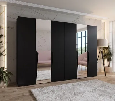 Obrázek produktu pro Zrcadlová šatní skříň 300 cm SORAYA 2 - černá / černé úchyty