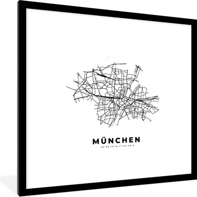 Produktbild von MuchoWow® Gerahmtes Poster Karte - Stadtplan - München - Deutschland - Schwarz-Weiß 40x40 cm - Poster mit Schwarzem Bilderrahmen Wandposter Rahmen Foto Bilder - Poster - Plakat im Rahmen