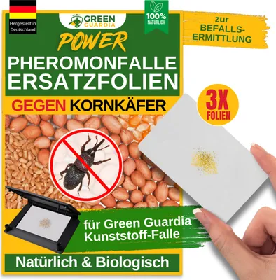 Produktbild von Green Guardia Ersatzklebeflächen mit Pheromon-Lockstoff-3x Fallen- Nachfüll-Set für Kunststoff-Fallen, Kornkäfer Falle, Natürlich & Wirksam